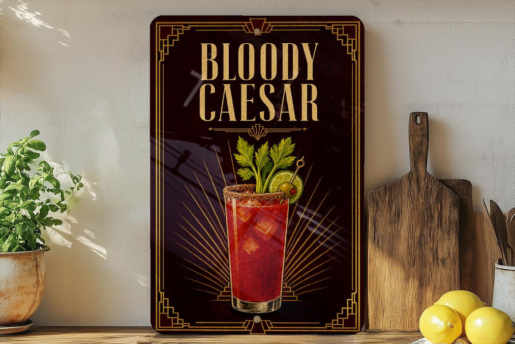 A framed poster of a BloodyCAesar cocktail is displayed on a wall, with a wooden cutting board and a potted plant to the side.