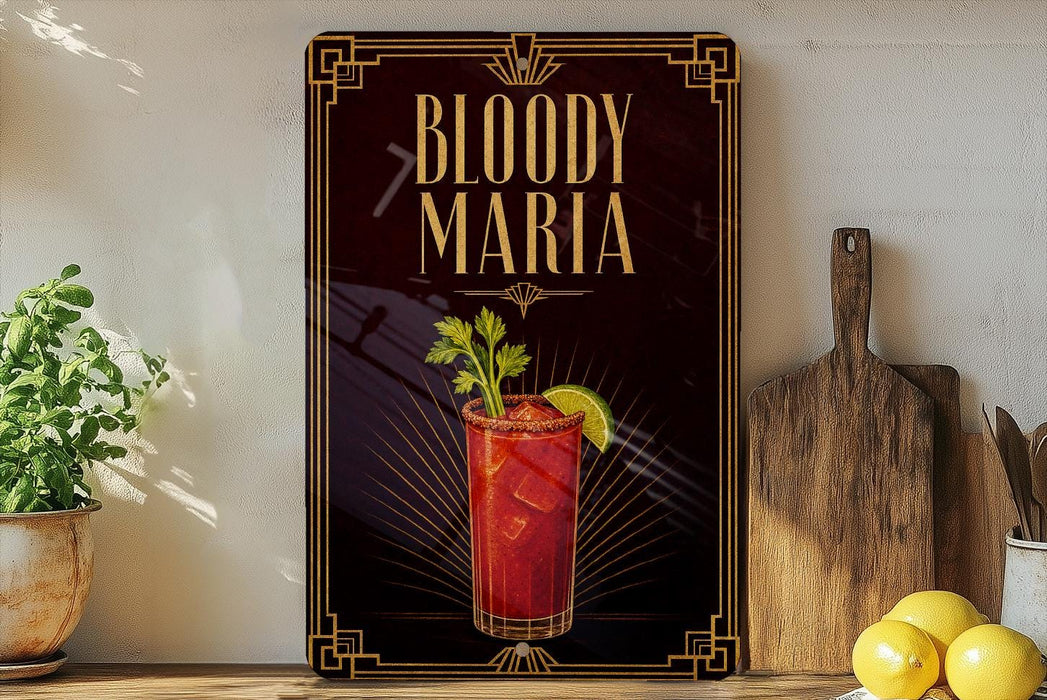 A framed poster advertising "Bloody Maria" cocktail, featuring a red drink with a garnish and a lemon slice, along with a wooden cutting board and a potted plant.
