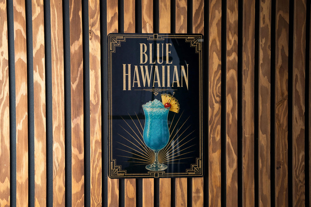 A sign for a Blue Hawaiian cocktail is displayed on a wooden wall.