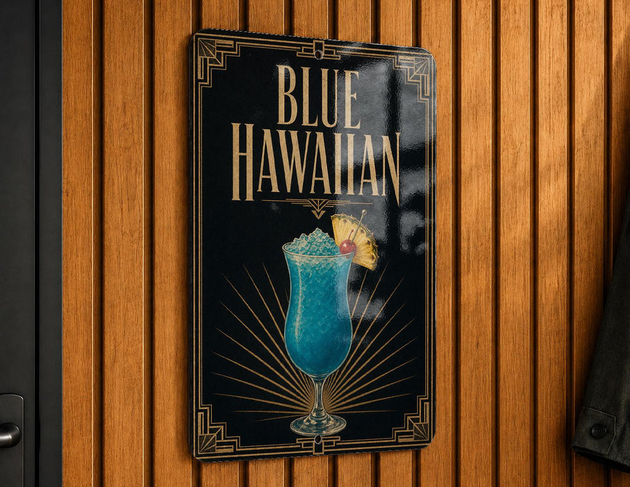 A sign for a Blue Hawaiian cocktail is displayed on a wooden wall.