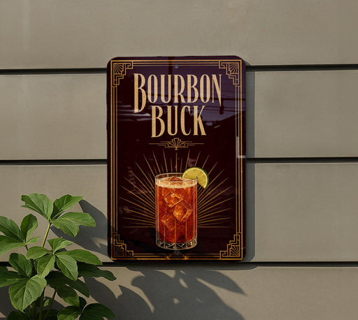A sign for "Bourbon Buck", featuring an illustration of a cocktail with ice and a lemon slice.