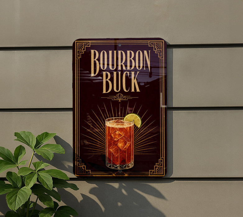 A sign for "Bourbon Buck", featuring an illustration of a cocktail with ice and a lemon slice.