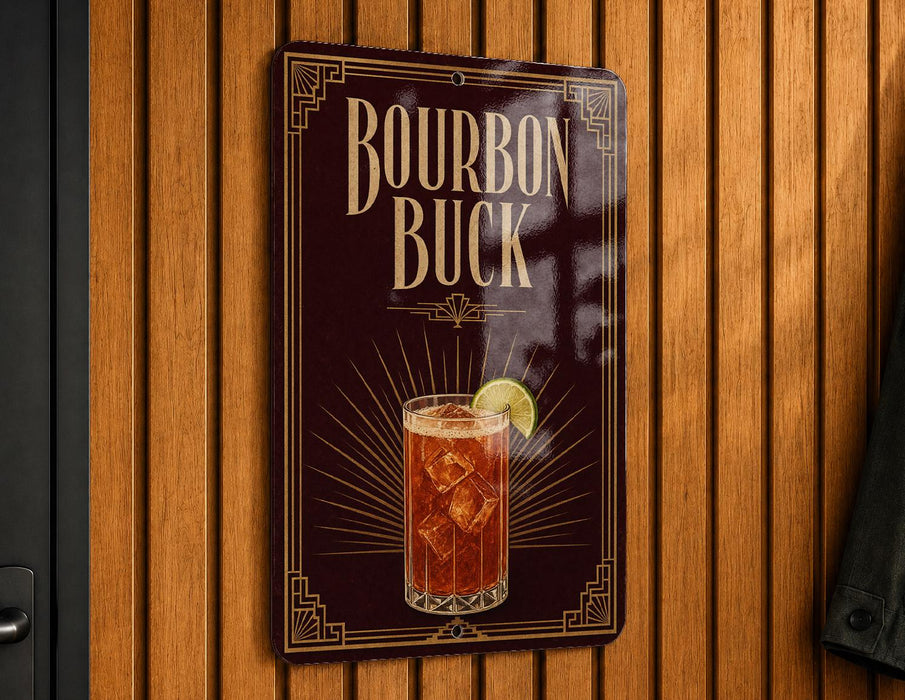 A sign for "Bourbon Buck", featuring an illustration of a cocktail with ice and a lime wedge.
