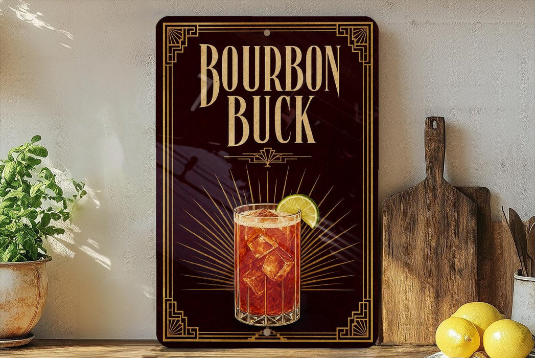 A decorative sign for "Bourbon Buck", featuring an illustration of a cocktail with a lemon slice, placed on a wooden surface next to a potted plant and a cutting board.