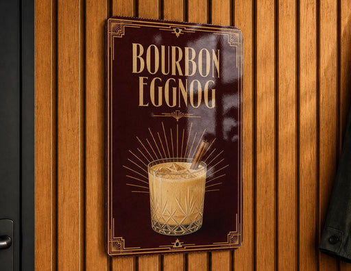 A sign for "Bourbon Eggnog" is displayed on a wooden wall.