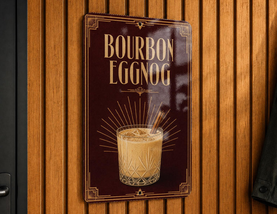 A sign for "Bourbon Eggnog" is displayed on a wooden wall.