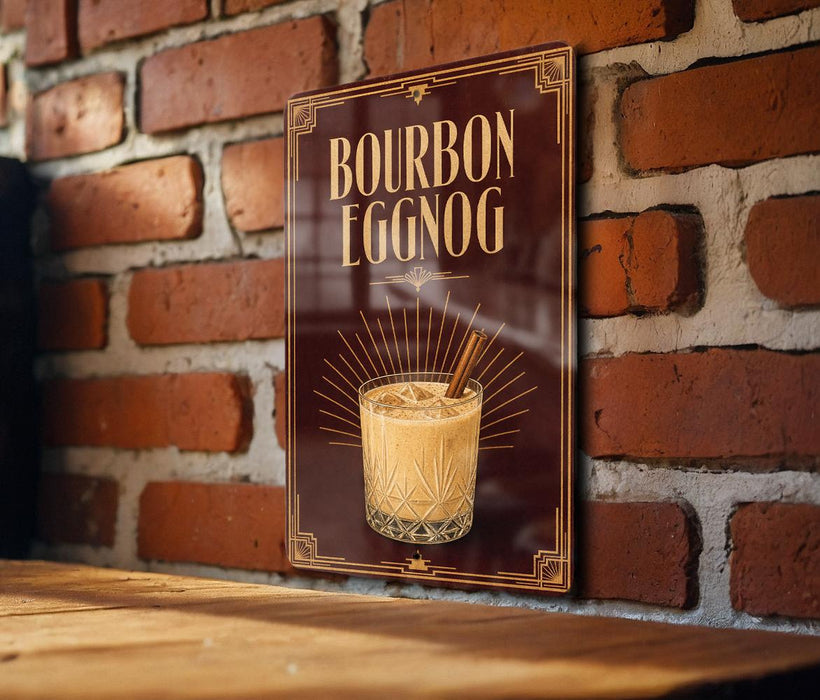 A sign for "Bourbon Eggnog" is displayed on a brick wall, featuring an illustration of a glass of eggnog with a cinnamon stick.