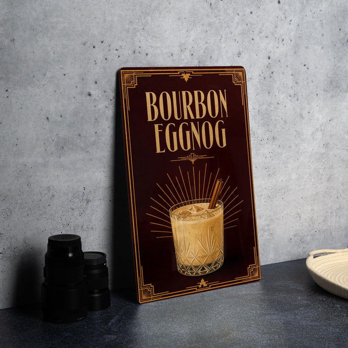 A decorative sign for a cocktail called Bourbon Eggnog, featuring an illustration of a cocktail glass with a frothy egg mixture and a cinnamon stick.
