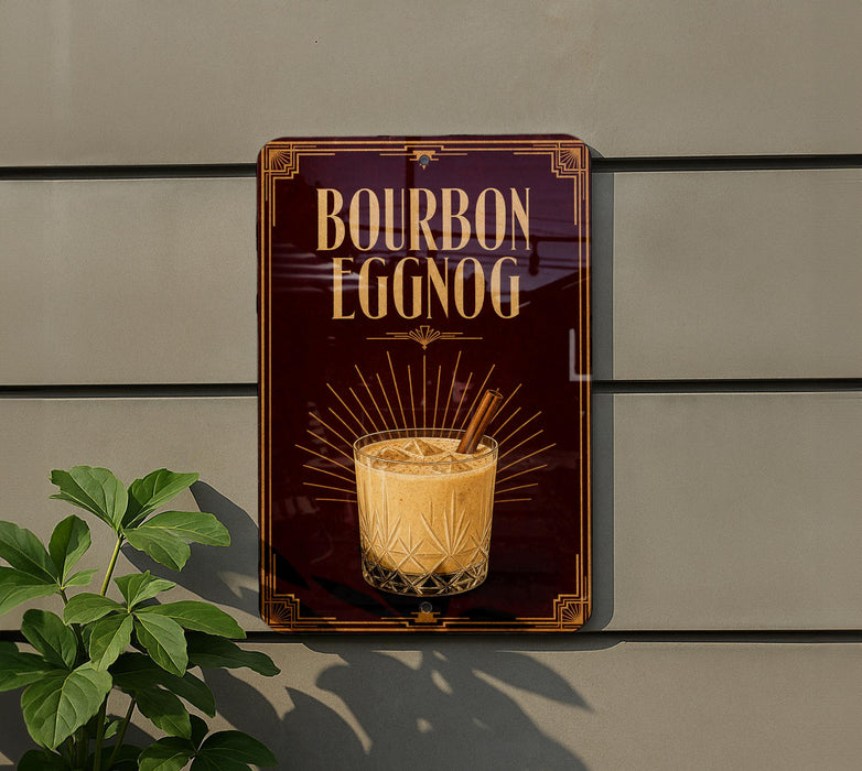 A sign advertising "BOURBON EGGNOG" is displayed on a wall, with a glass of eggnog and a cinnamon stick visible in the image.