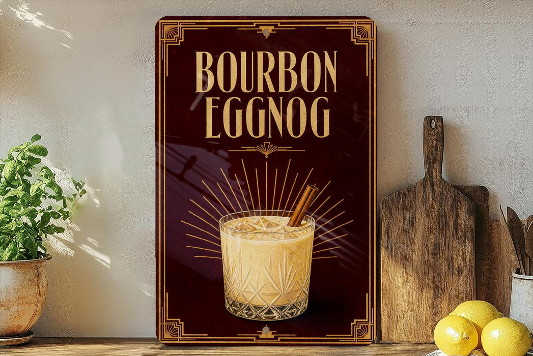 A vintage-style advertisement for a cocktail called "Bourbon Eggnog" is displayed on a wall, featuring a glass of eggnog with a cinnamon stick.