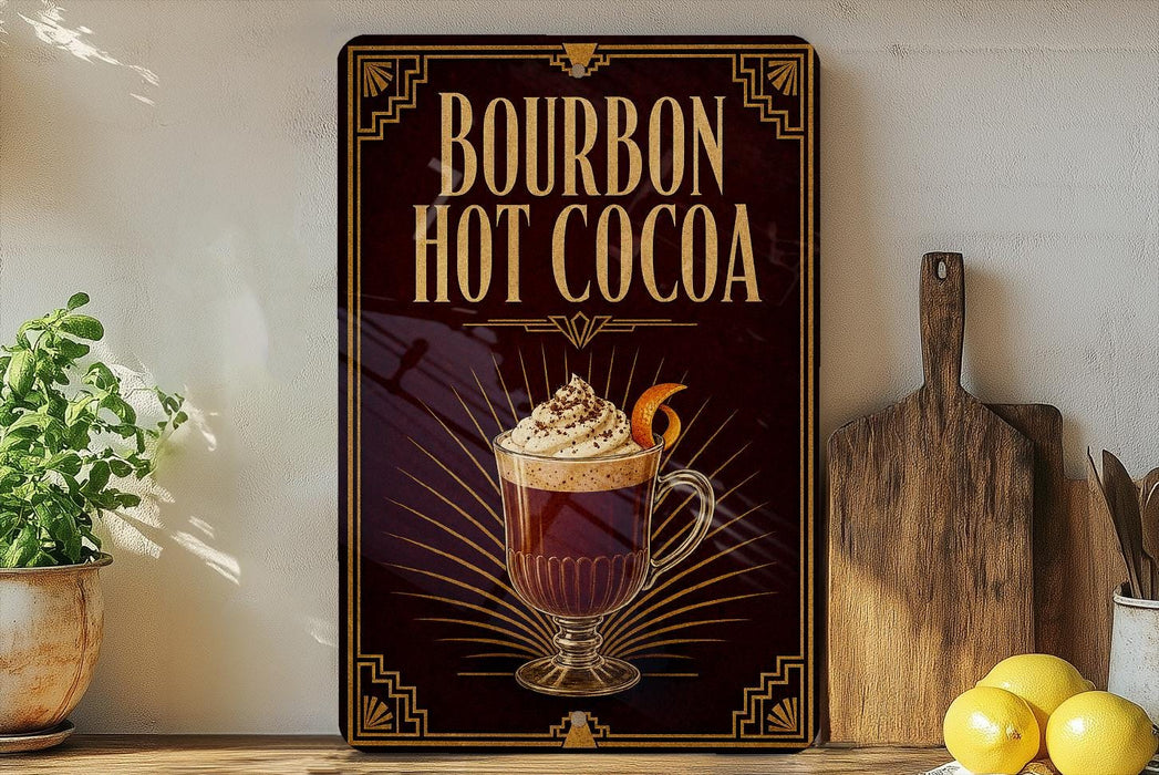 A decorative metal sign advertising "Bourbon Hot Cocoa" is displayed on a wooden shelf, accompanied by a potted plant, a wooden cutting board, and a bowl of lemons.