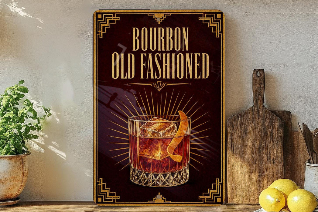 A framed advertisement for bourbon old fashioned, featuring an illustration of a glass of bourbon with an orange peel on the rim.