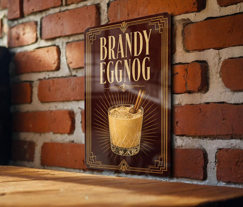 A sign for "Bandy Eggnog" is displayed on a brick wall, featuring an illustration of a cocktail glass filled with the drink.