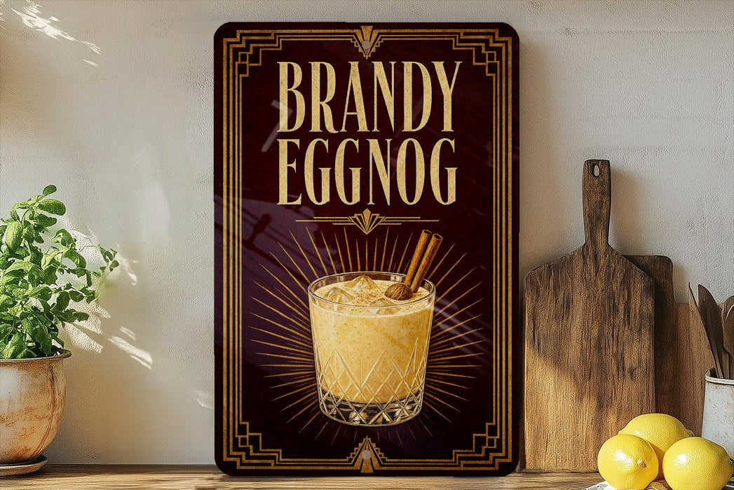 A framed advertisement for "Brandy Eggnog" is displayed on a wall, featuring an illustration of a glass of eggnog with a cinnamon stick.