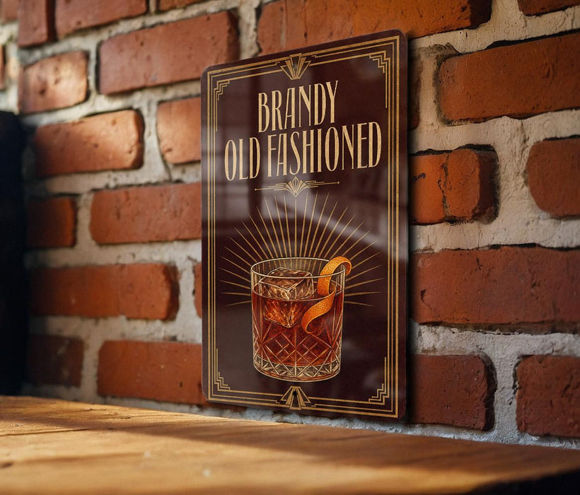 A sign with the text "Brandy Old Fashioned" and an illustration of a glass of amber-colored liquid, possibly whiskey, with an orange peel on the rim.