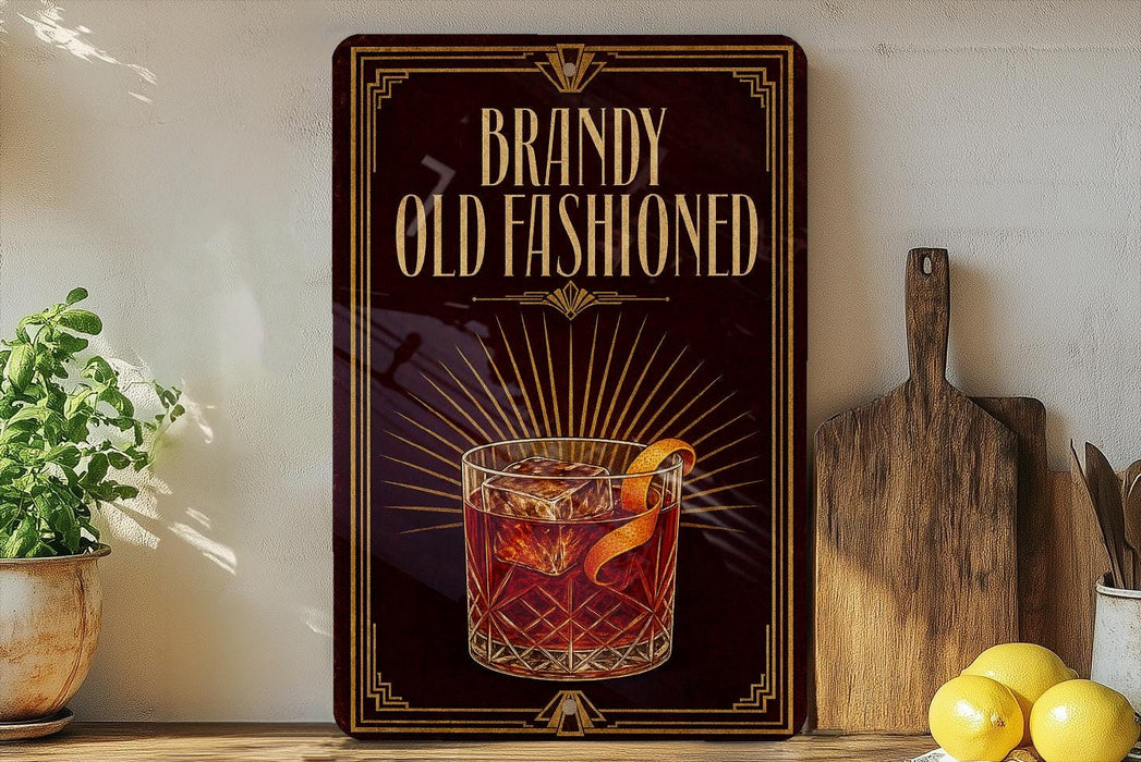 A framed advertisement for Brandy Old Fashioned, featuring an illustration of a glass of the drink with a decorative design.