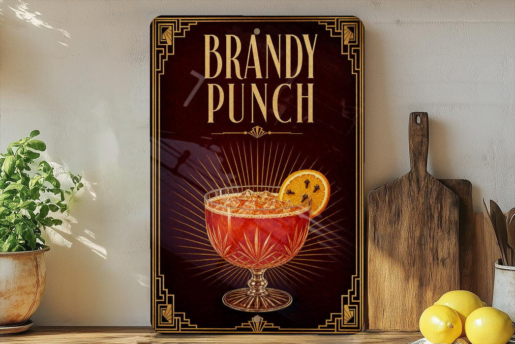 A framed advertisement for "Brandy Punch" featuring a glass of red-colored liquid with a slice of orange on the rim, placed on a wooden surface next to a wooden cutting board and a potted plant.