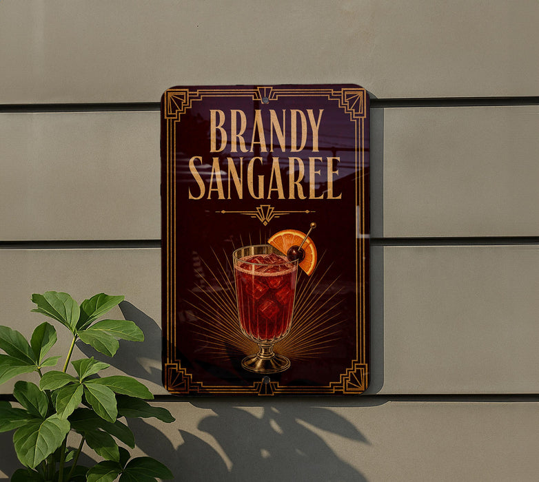A sign for "Bandy Sangaree" is displayed on a wall, featuring an illustration of a cocktail with a slice of orange.