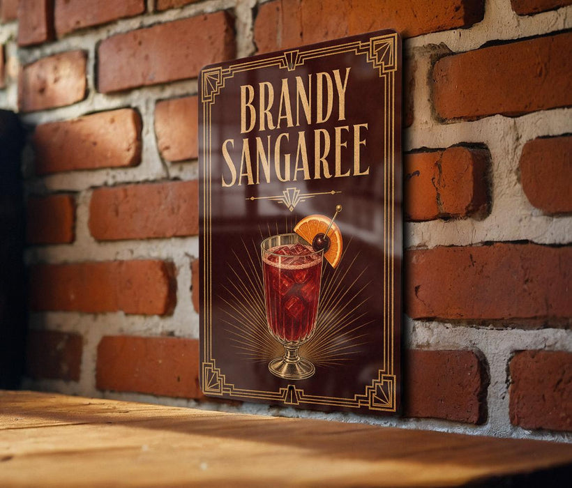 A sign for "Bandy Sangaree" is displayed on a brick wall, featuring an illustration of a cocktail with an orange slice.