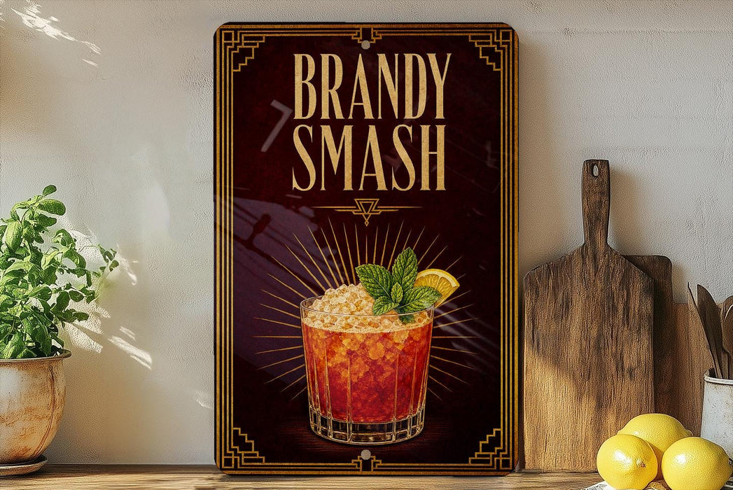 A framed advertisement for a "Brandy Smash" cocktail, featuring a glass of the drink with a lemon slice and mint garnish.