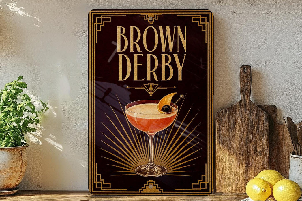 A framed poster of a cocktail called "Brown Derby" is displayed on a wall, with a wooden cutting board and a potted plant to the side.