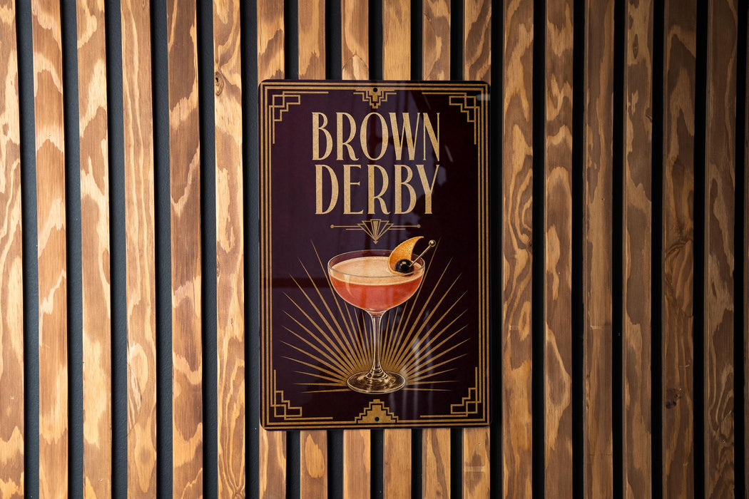 A poster for "Brown Derby" is displayed on a wooden wall.
