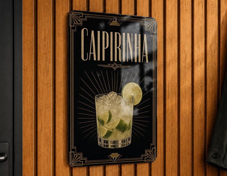 a sign with the word "CAIPIRÍNHÃO" prominently displayed, along with an illustration of a cocktail.