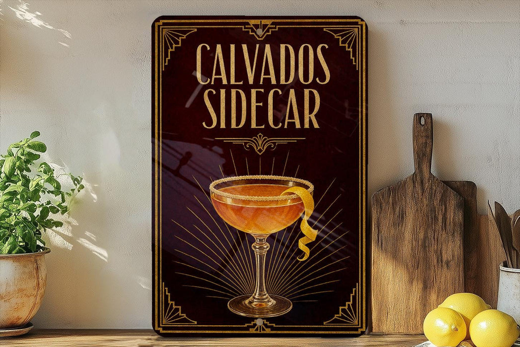 a decorative sign with a cocktail glass and a lemon twist, placed on a wooden surface next to a wooden cutting board and a potted plant.