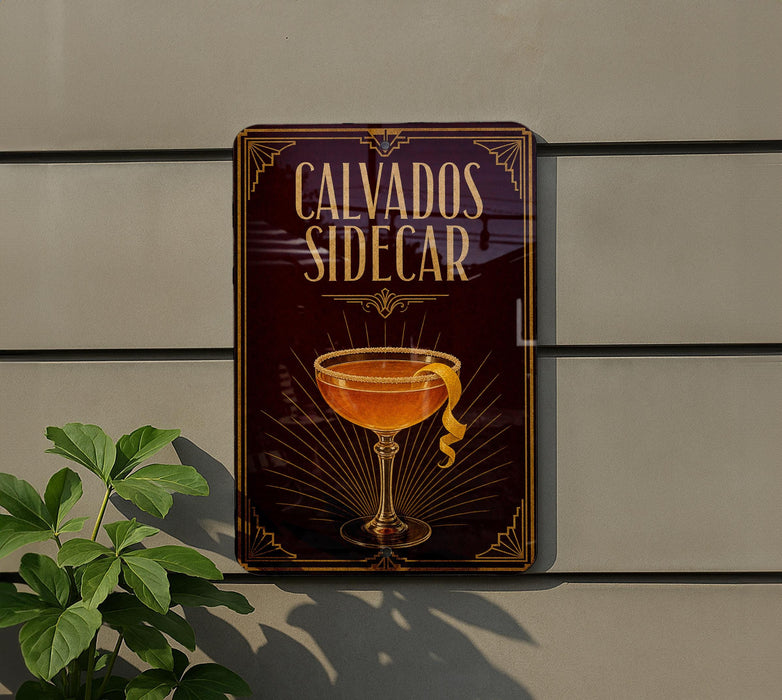 a sign for a cocktail called "Calvados Sider" with a glass illustration, placed on a wall next to a plant.