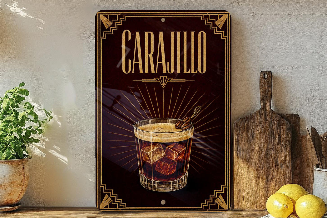 a sign for Carañilo, a cocktail, with a glass of Carañillo and ice cubes displayed on a wooden surface.