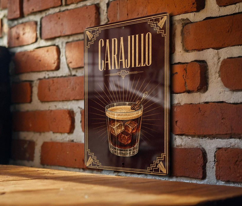A sign with the word "CARAJILO" prominently displayed, featuring an illustration of a glass of CaraJillo cocktail.