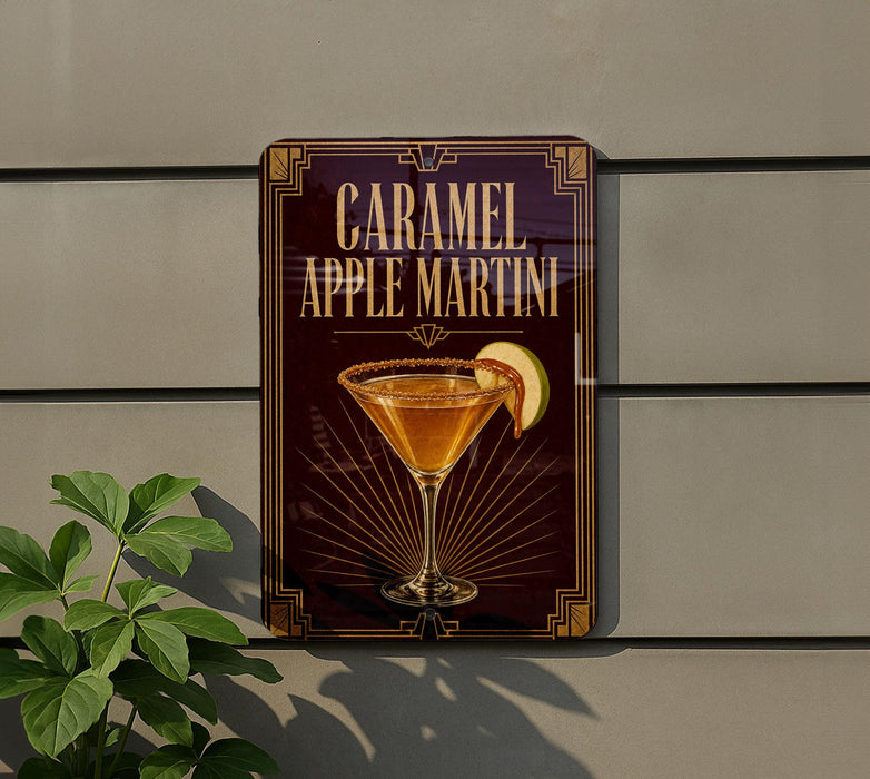 A sign for a caramel apple martini, featuring an illustration of a martini glass with a slice of apple on the side.
