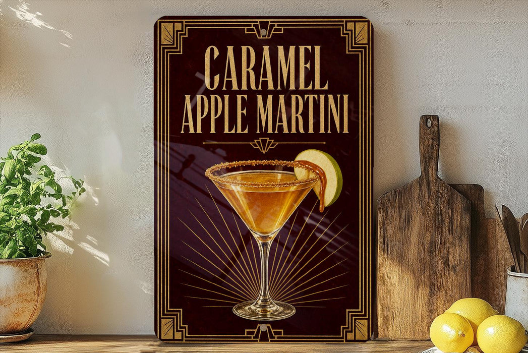 A decorative sign for a caramel apple martini, featuring an illustration of a martini glass with a slice of apple on the rim.