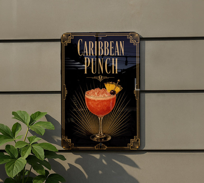 A sign for "Caribbean Punch" is displayed on a wall, featuring an illustration of a cocktail with a pineapple garnish.
