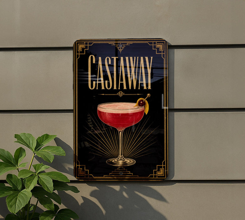 a sign for a cocktail called "Castaway" with a glass illustration and decorative elements.
