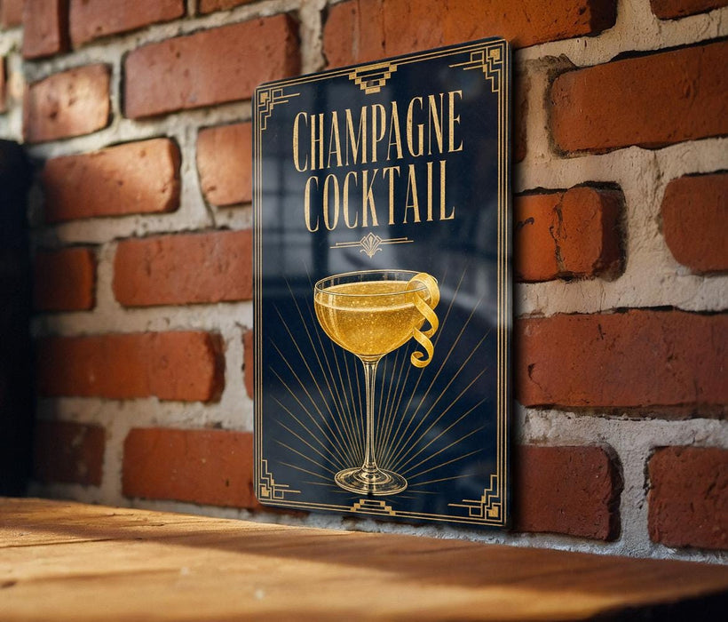 A sign with the text "CHAMPAGNE COCKTAIL" and an illustration of a champagne glass with a lemon twist.