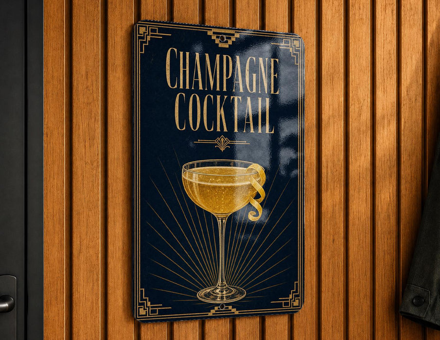 A sign for a champagne cocktail is displayed on a wooden wall.