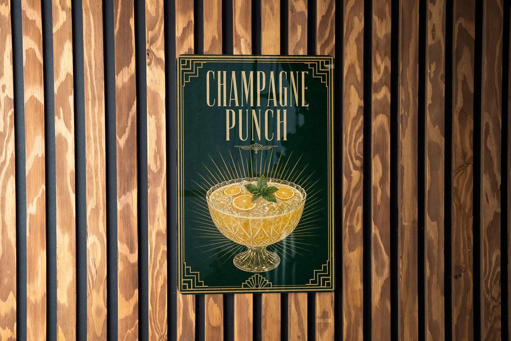 A poster with the title "CHAMPAGNE PUNCH" displayed prominently, featuring an illustration of a champagne punch bowl with a garnish.