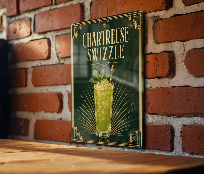A sign for a cocktail called "Chartreuse Swizzle" is displayed on a brick wall.