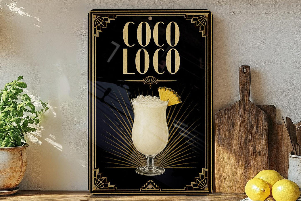 A decorative sign for a coconut drink called "Coco Loco" is displayed on a wooden shelf, accompanied by a potted plant, a cutting board, and some lemons.