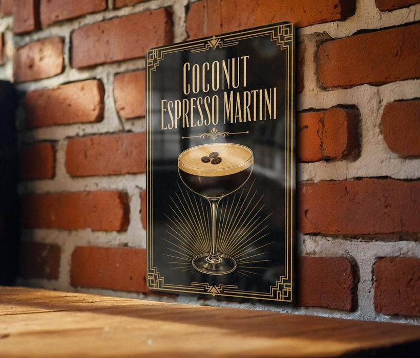 A poster advertising a coconut espresso martini is displayed on a brick wall.