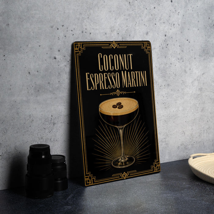A black and gold sign with the text "COCONUT ESPRESSO MARTINI" and an illustration of a cocktail glass with a frothy top.