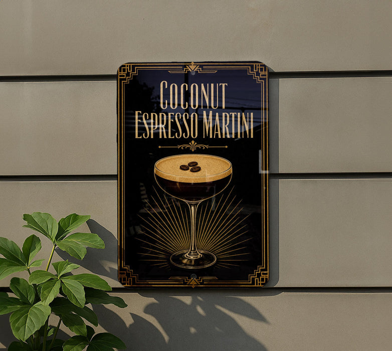 a sign for a coconut espresso martini, with a glass of the cocktail prominently displayed.