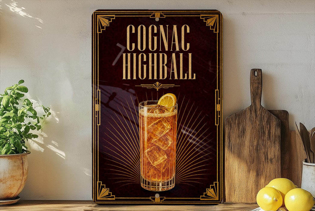 a decorative sign advertising a Cognac Highball cocktail, with a glass of the cocktail prominently displayed.