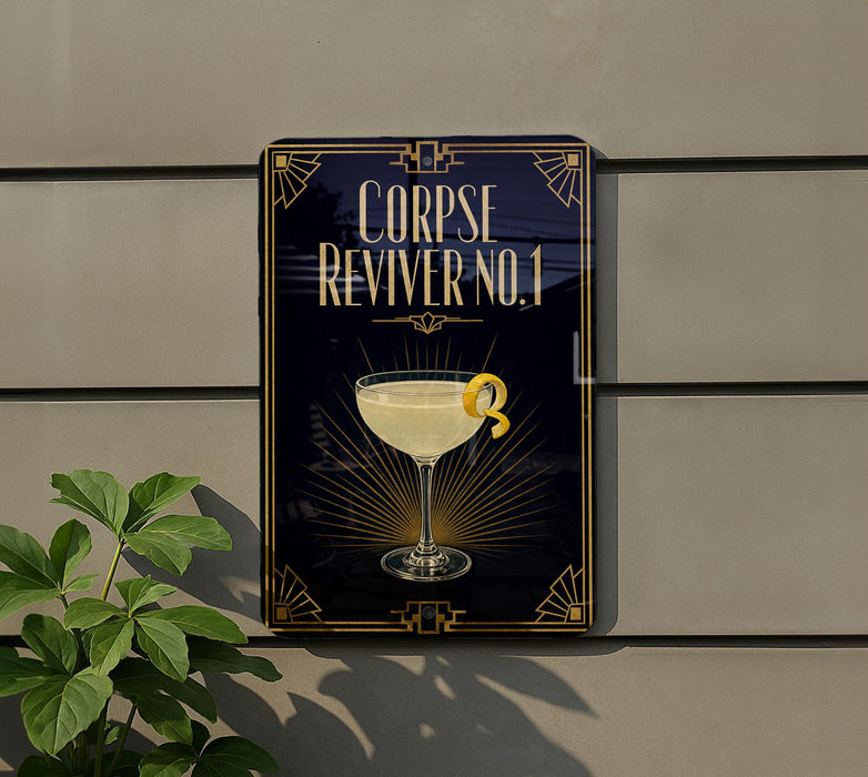 a sign with a cocktail glass and a lemon twist, mounted on a wall.