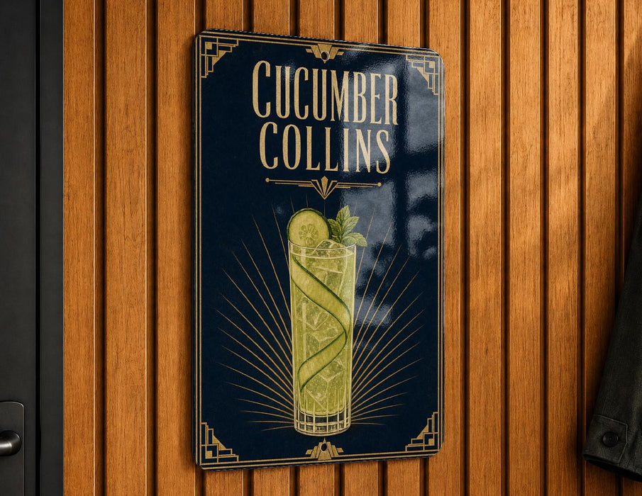 A sign for "Cucumber Collins" cocktail, featuring a stylized illustration of a cucumber and a glass of the drink.