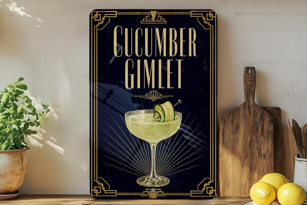a decorative sign with a cucumber rim cocktail illustration, placed on a wooden surface next to a wooden cutting board and a potted plant.