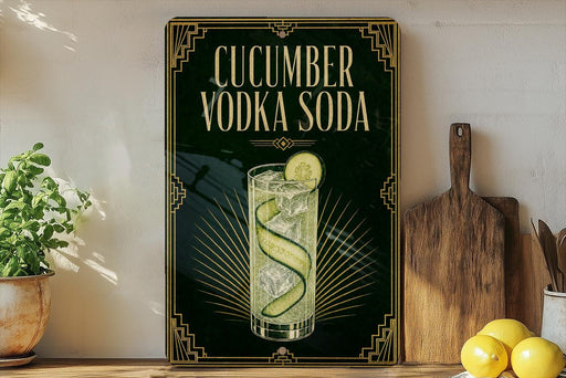 a decorative sign for cucumber vodka soda, with a glass illustration and text.