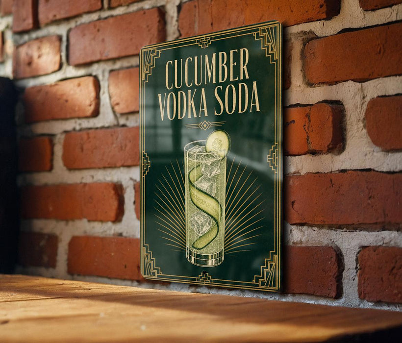 a sign with the text "CUCUMBER VODKA SODA" and an illustration of a cucumber and a glass of cucumber soda.