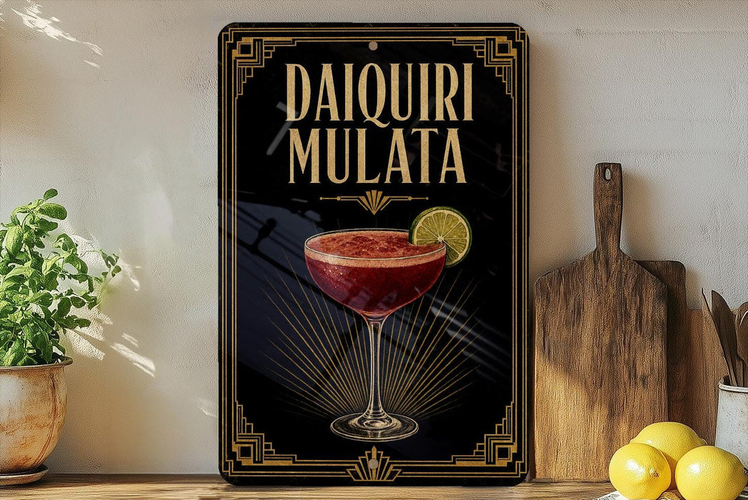 a decorative sign with the text "DAIQUIRI MULATA" and an illustration of a cocktail glass with a lime slice. The sign is placed on a wooden surface, with a potted plant, a wooden cutting board, and some lemons nearby.